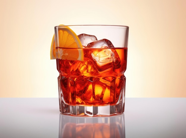 Negroni Cocktail in kristalglas met ijsblokjes en sinaasappelschijfje