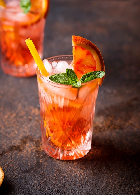 Negroni  cocktail with orange and ice 