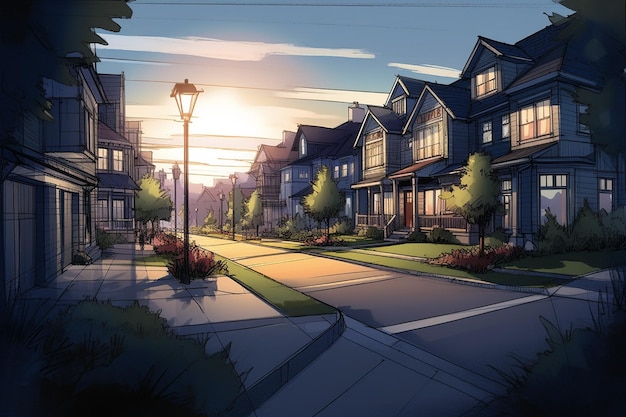 Neighborhood caricature with houses illuminated