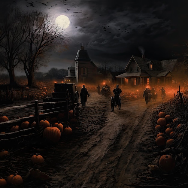 A neighborhood haunted hayride with eerie sounds and pumpkin lanterns