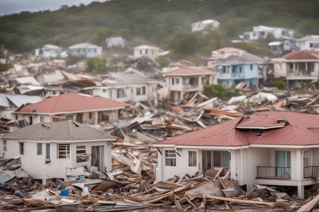 neighborhood and houses destroyed by tornado at sunset near the sea illustration