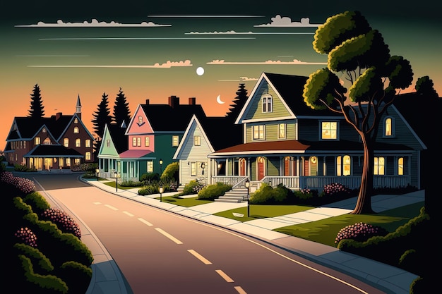 Neighborhood with homes and streetlights