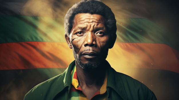 Photo nelson rolihlahla mandela portrait with a south african flag