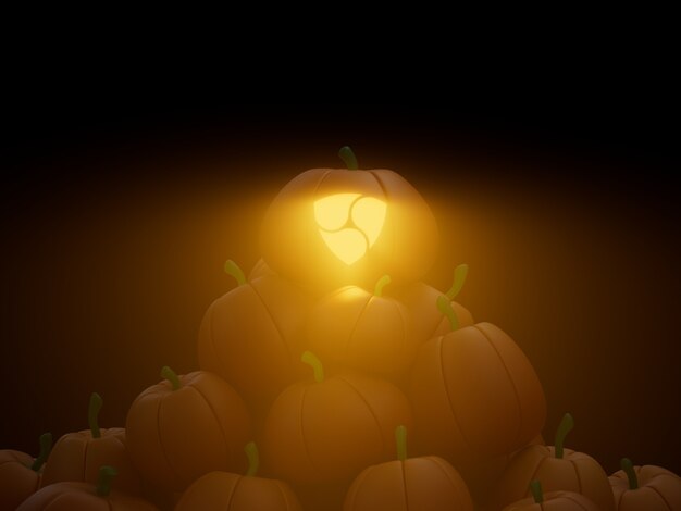 Nem Carved Pumpkin Stack Pile Crypto Currency 3D Illustration Render Dark Lighting