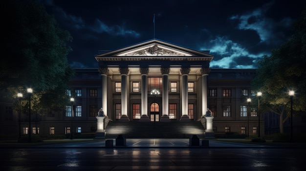 Neo classical courthouse facade illuminated at night AI generated illustration
