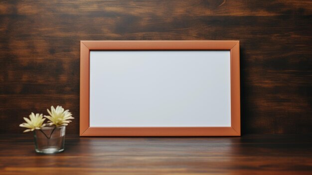 Photo neoacademism inspired brown photo frame mockup on wooden table