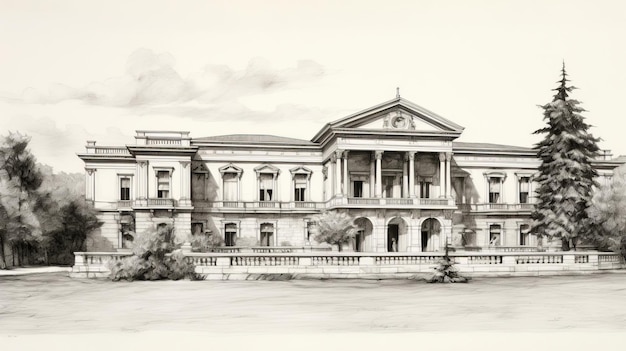 Neoclassical Architecture Sketch Italian Wine Country Mansion In Pencil