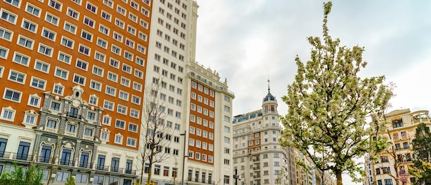 Neoclassical buildings of the city of madrid on a cloudy day at dawn