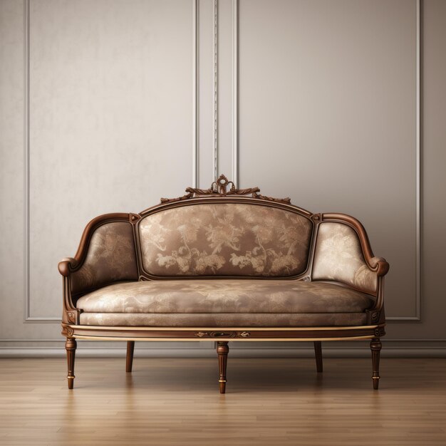 Photo neoclassical inspired wooden settee in dark beige with muted tonalities