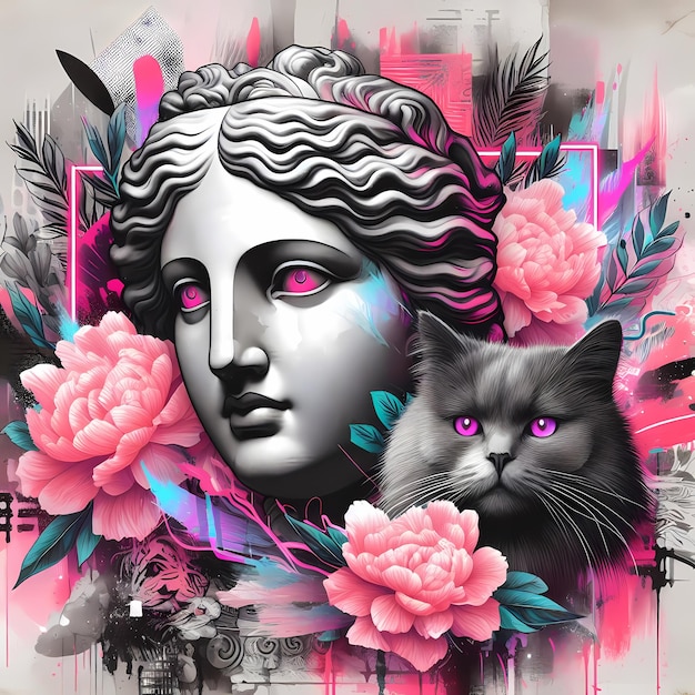 Neoklassieke Aphrodite Bust met Cat en Bold Neon Floral Collage