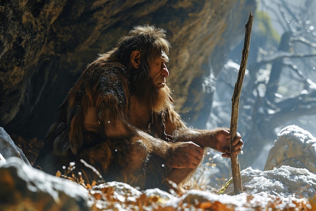 Neolithic hominid using a tool to hunt and prepare food