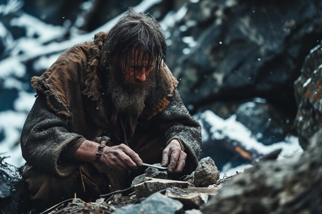 Photo neolithic hominid using a tool to hunt and prepare food