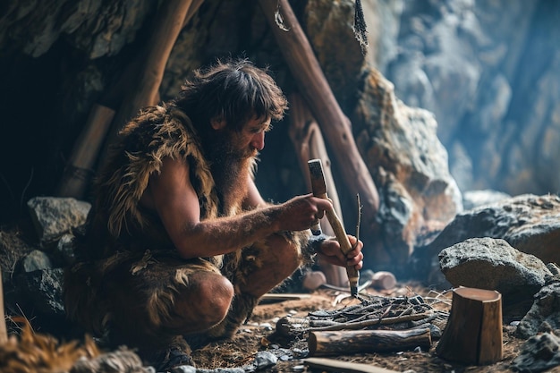 Photo neolithic hominid using a tool to hunt and prepare food