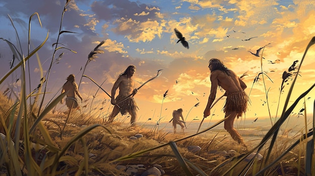 Neolithic HunterGatherers in Search of Food Digital Illustration