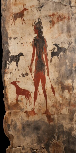 Photo neolithic man and dog painting realistic depictions of hunting scenes