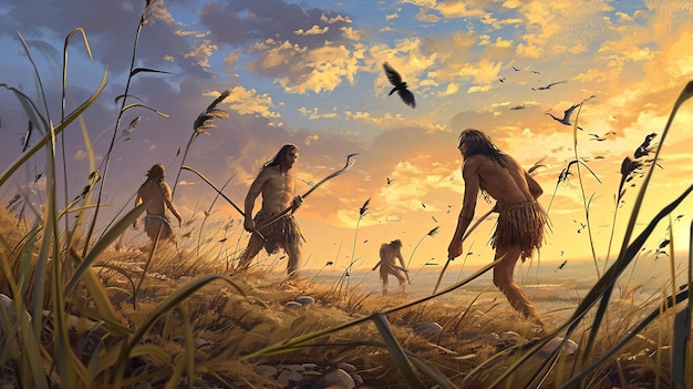 Neolithische jagers-verzamelaars op zoek naar voedsel Digitale illustratie