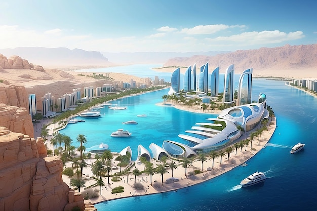 Neom CityHigh tech NEOM architectuurinfrastructuur naadloze integratie van technologie natuurlijk landschap