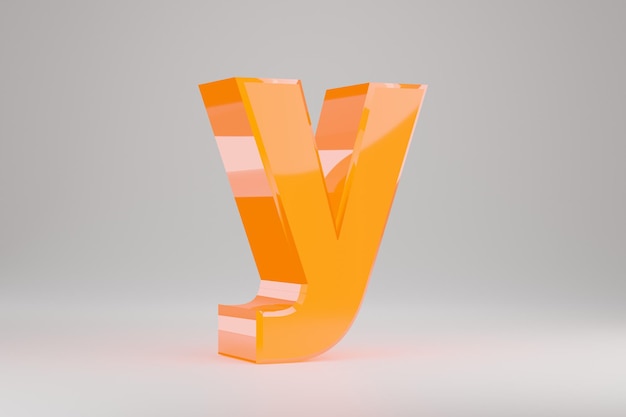 Foto neon 3d letter y kleine letters. gele neon brief geïsoleerd op een witte achtergrond. glanzend geel neon gloeiend alfabet. 3d-gerenderde lettertype karakter.