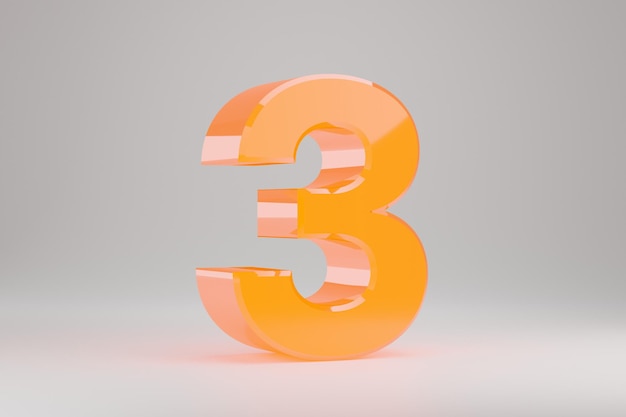 Neon 3d number 3. Yellow neon number isolated on white background. Glossy yellow neon glowing alphabet. 3d rendered font character.