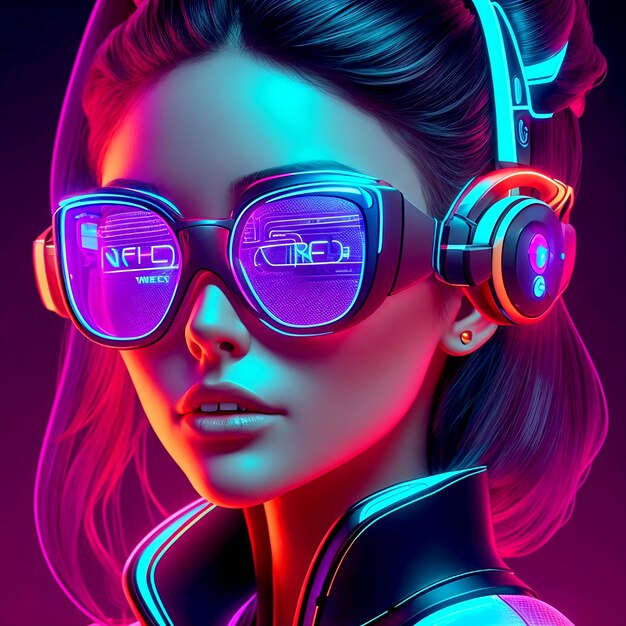 Neon 3D Woman with smart glasses and futuristic technology Generative Ai