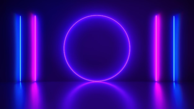 Neon abstract background laser show in circle and lines in pink and blue spectrum vibrant colors glowing lines tunnel neon lights virtual reality round portal