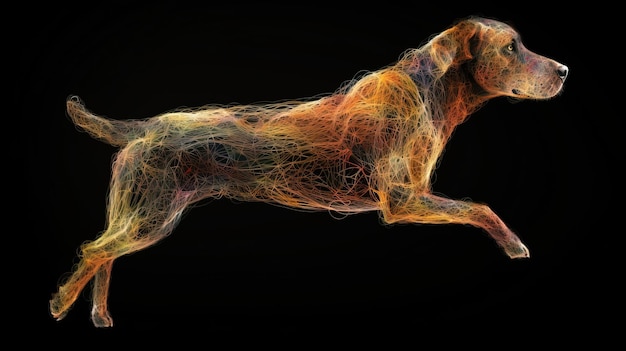 개 애완 동물 기술 개념 어두운 배경 AI의 네온 추상 그래픽 윤곽 생성
