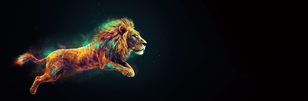 Neon abstract graphic contours of a lion in a jump a wild animal Dark background isolate Header banner mockup with copy space AI generated
