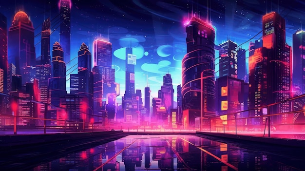 Neon Achtergrond met Neon Cityscape AI gegenereerd