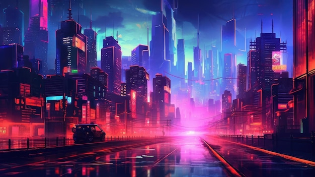 Neon Achtergrond met Neon Cyberpunk Cityscape AI gegenereerd