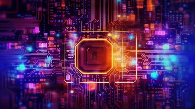 Neon achtergrond met Tech Circuit Board AI gegenereerd