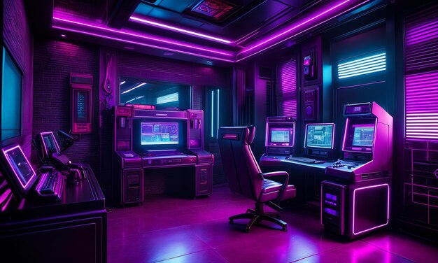 Foto neon achtergrond synthwave retro cyber punk stad kamer futuristische kleuren magenta paars