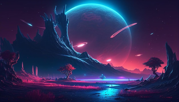 Neon alien landscape sets the tone for the space game background