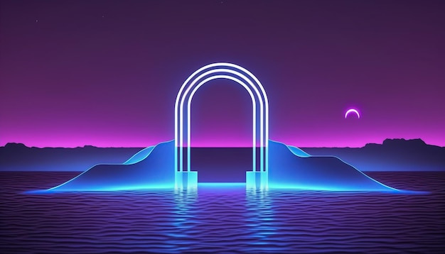 A neon arch with a mountain in the background