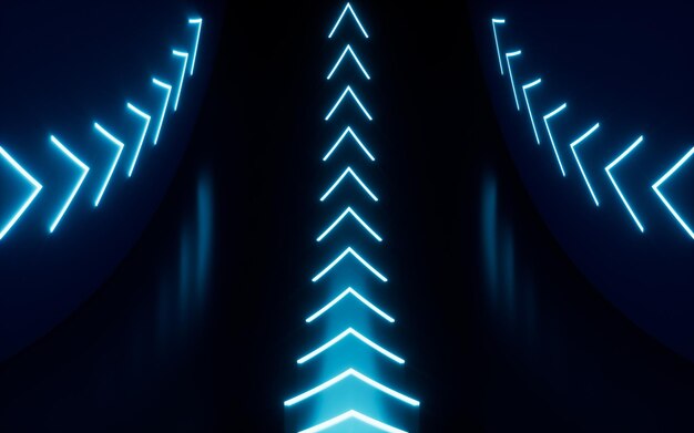 Neon arrows in the tunnel 3d rendering