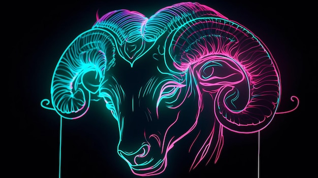 Neon art of a ram with the head turned to the left.