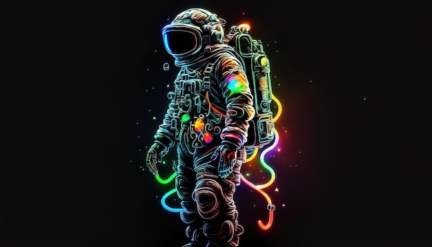 Foto astronauta al neon su sfondo nero messa a fuoco selettiva ia generativa