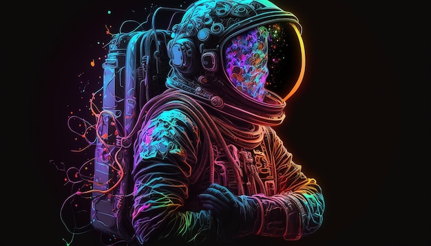 Neon astronaut on black background selective focus Generative AI