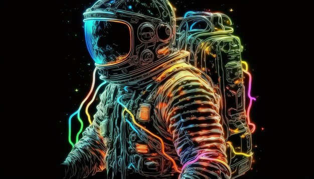 Foto neon astronaut op zwarte achtergrond selectieve focus generatieve ai