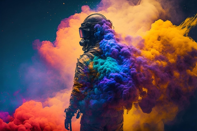 色とりどりの煙のイラストの真ん中にある宇宙ヘルメットのネオン宇宙飛行士