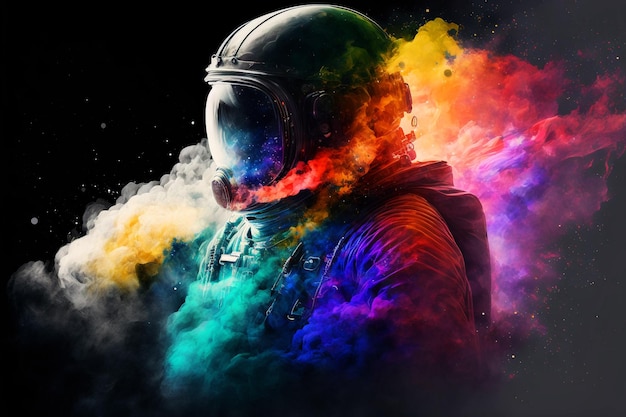 Foto astronauta al neon nel casco spaziale nel mezzo di un'illustrazione di fumo multicolore