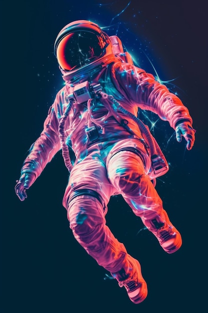 A neon astronaut in a space suit with a black background.