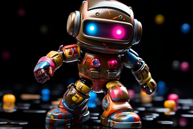 Neon baby robot dansende lichten op de achtergrond disco Heldere ansichtkaart AI gegenereerd