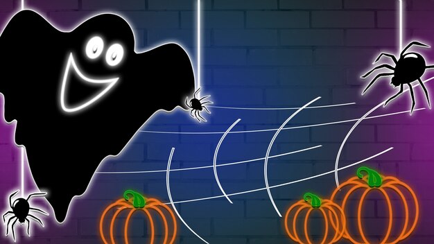 Неоновый фон для хэллоуина, с привидением и пауками