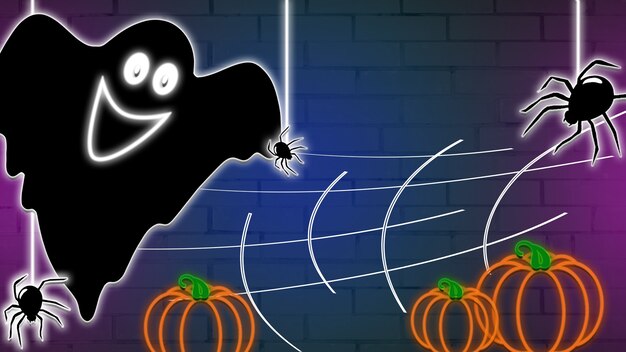 Foto sfondo al neon per halloween, con un fantasma e ragni