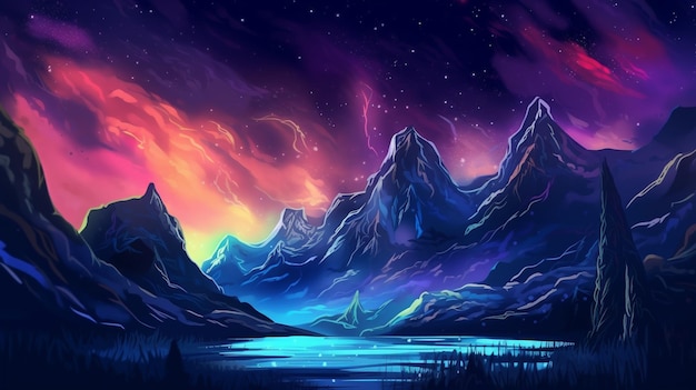 Neon background on the mountain with many beautiful colors