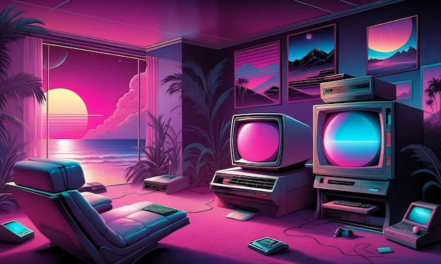 neon background synthwave retro cyber punk city room futuristic colors magenta purple