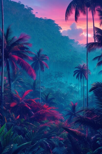 Neon background of tropical forest at night with city