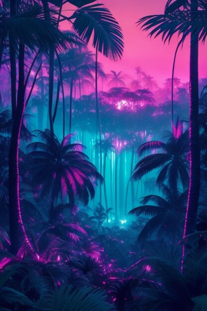 Neon background of tropical forest at night with city