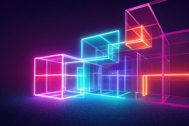 Neon background with cubes geometric object glowing in neon light