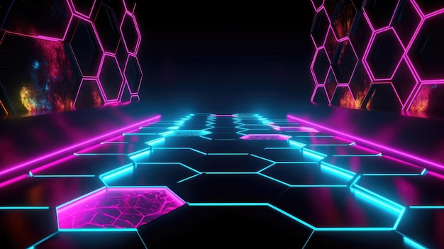 A neon background with a hexagons pattern and a black background